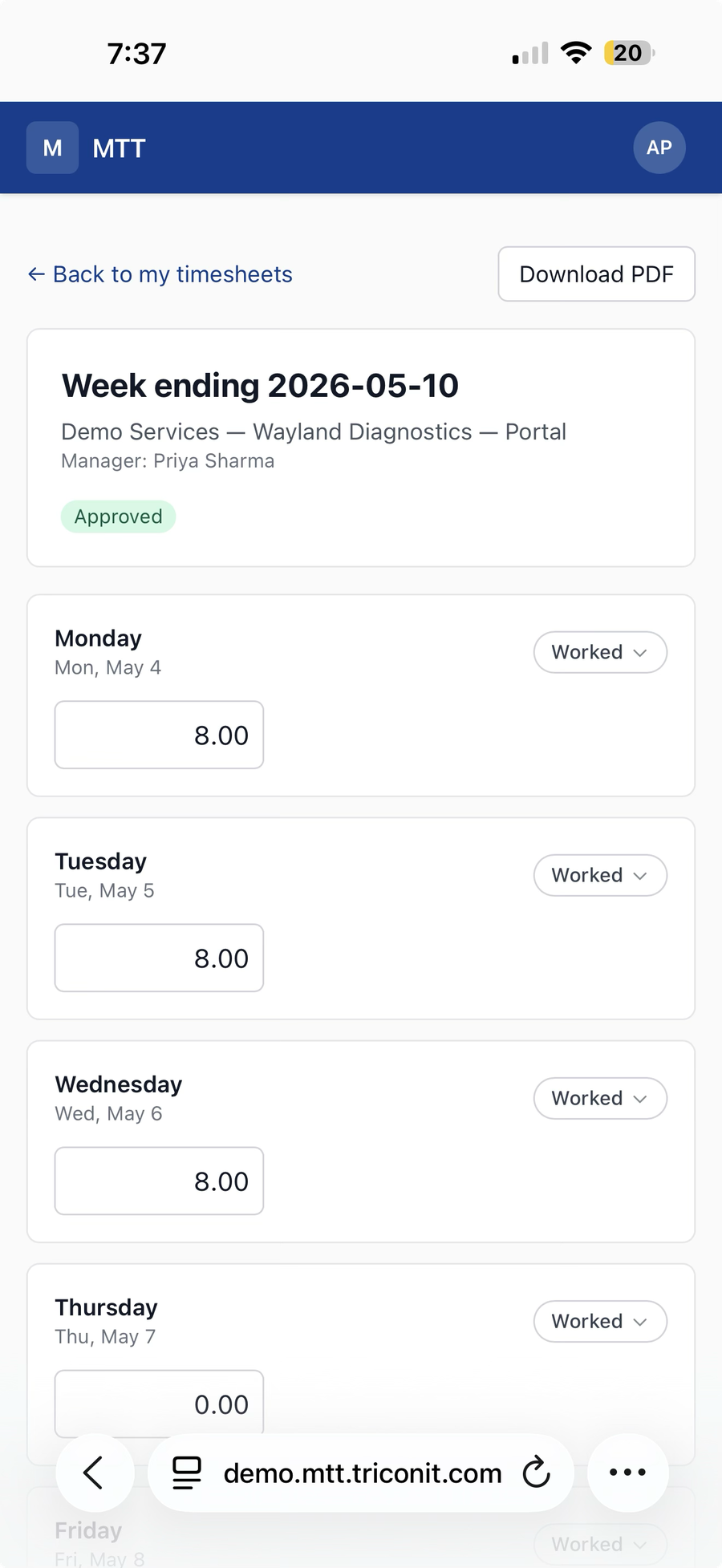 Mobile consultant timesheet entry